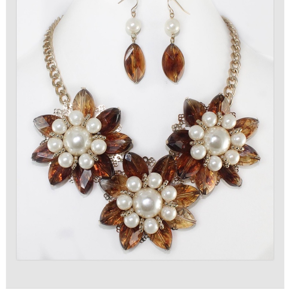 Pearl Brown Floral Necklace Set Gold Curb Chain Statement Women Fashion Jewelry